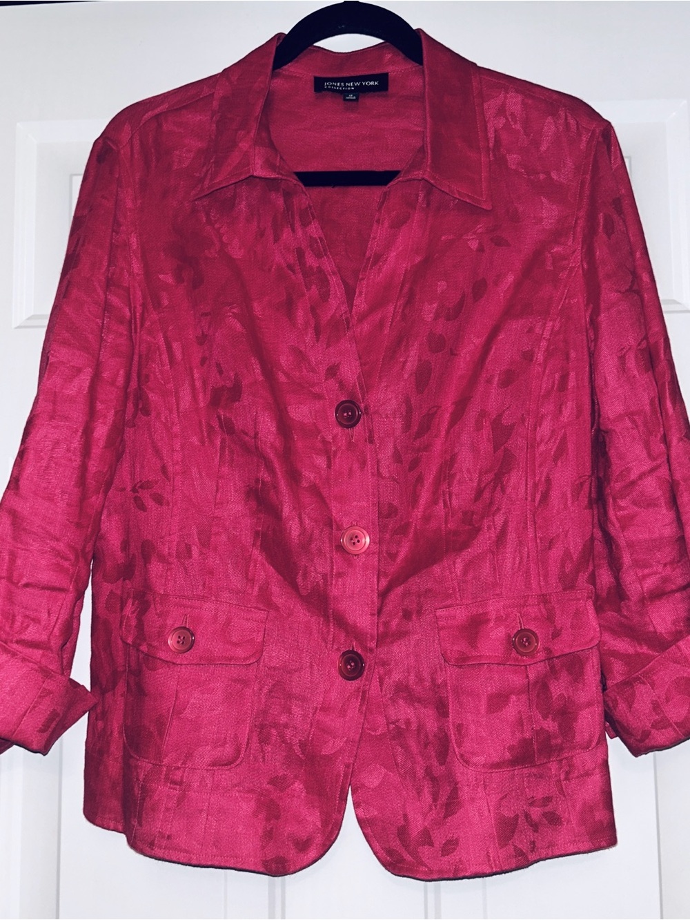 Jones New York Tailored Linen Women's Button Jacket 12 Fuchsia Evening Career